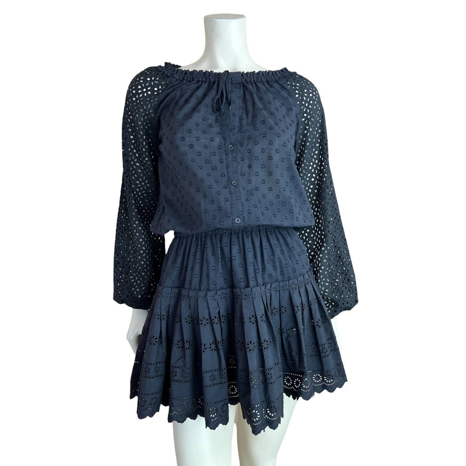 New Roller Rabbit Black Arista Dress Eyelet Ruffle Smock Long Sleeve Mini Boho S